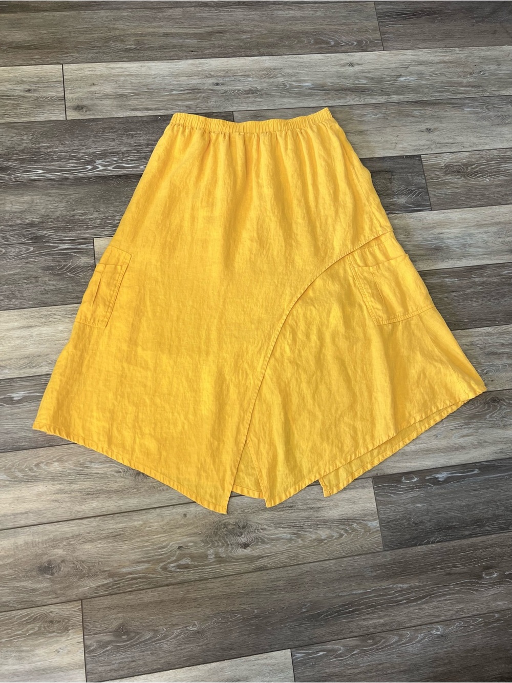 Vintage 100% linen assymetrical marigold midi skirt pockets lagenlook 2X artsy